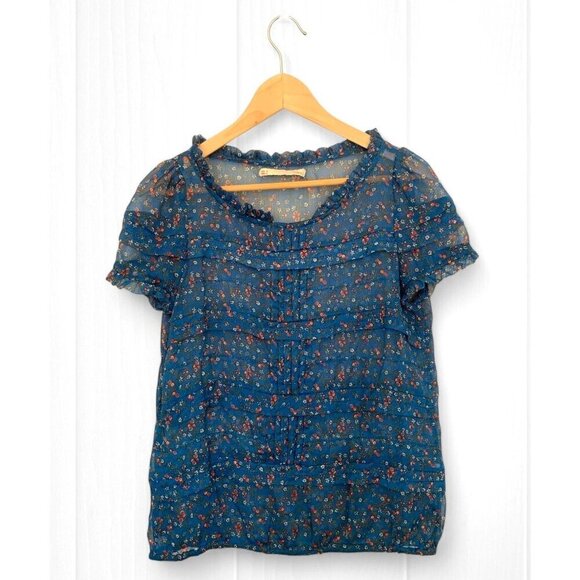 Sfera Womens Sheer Blue Floral Short Sleeve Blouse With Ruffled Neck - Picture 1 of 6